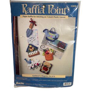 Bucilla Raffia Plastic Canvas Magnets Kit Gardeners 33808 Set of 6